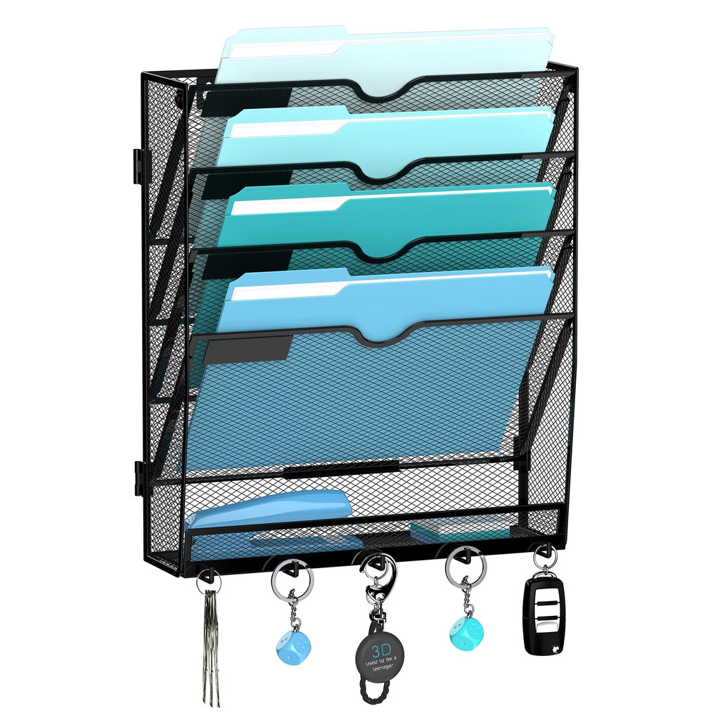 5 Tier Wall File Organizer - Hanging File Organizer with 5 Hooks, Mail Holder Wall Mounted for Papers, Folders, Magazines, Bills, Office&School Organization, Black