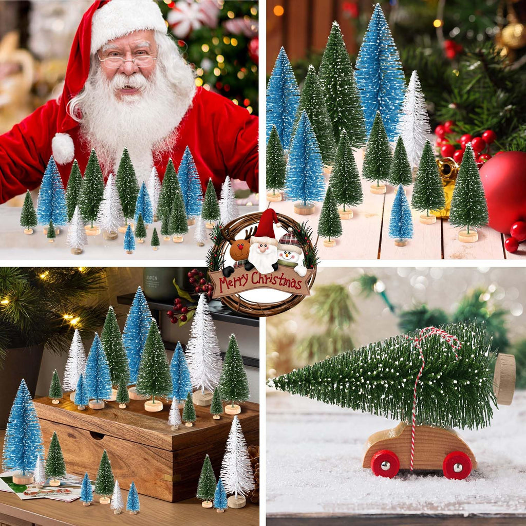 30Pcs Mini Christmas Trees Artificial Christmas Tree Bottle Brush Trees with Wooden Base for Christmas Decor Christmas Party Home Table Craft Decorations(Green+Blue+White)