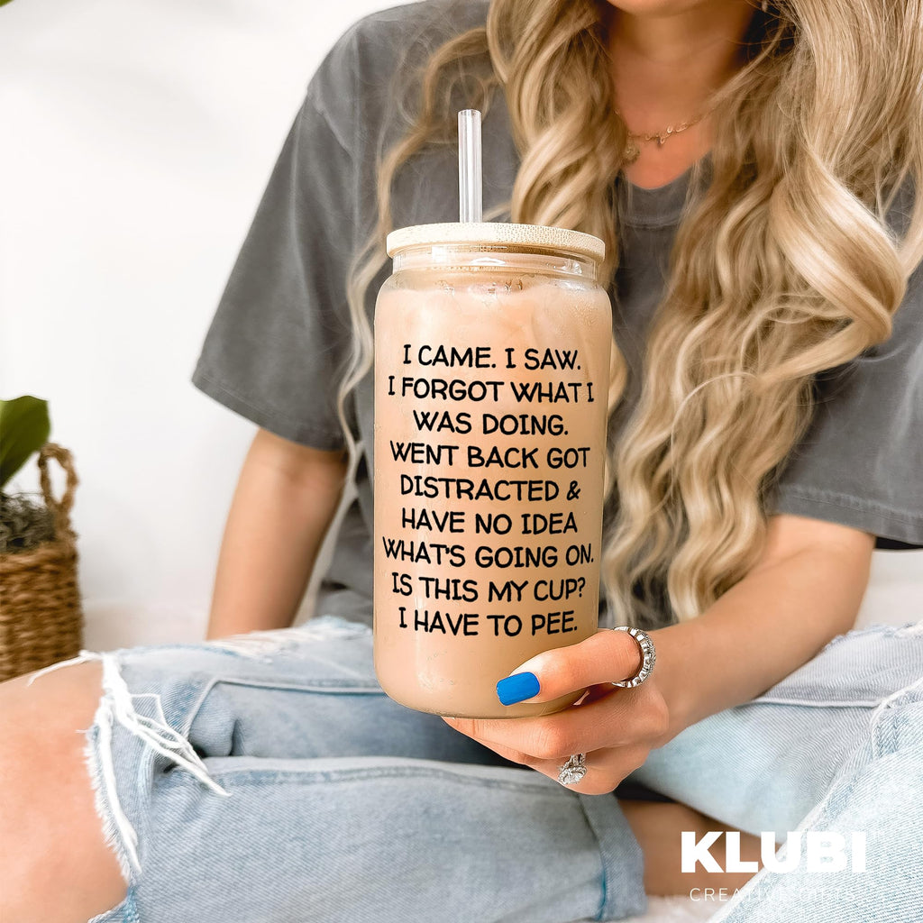 KLUBI I Came I Saw I Forgot Cup 16oz Glass 60th Birthday Gifts for Women Birthday Gifts for Men Grandpa Gifts for Him Drinking Cups for Elderly Senior Citizen Tumbler I Came I Saw I Forgot Coffee Mug
