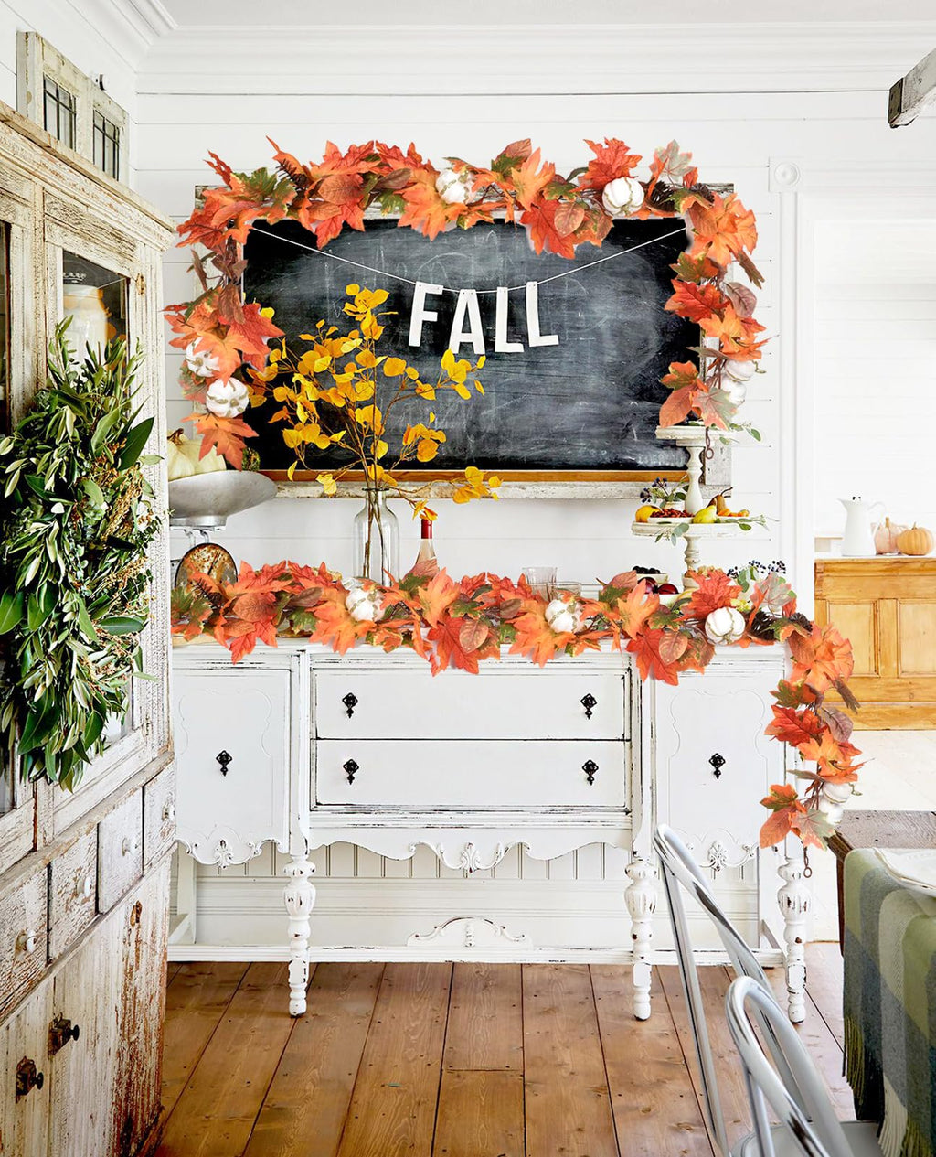 DearHouse Pumpkin Fall Garland Maple Leaves, 6ft Hanging Vine Maple Garland Artificial Autumn Foliage Garland Thanksgiving Decor for Home Wedding Fireplace Party Christmas (Orange&Brown)