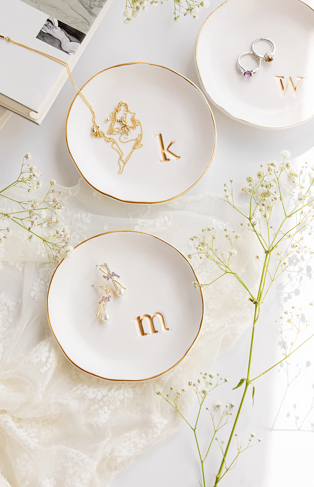 COLLECTIVE HOME - Ceramic Jewelry Tray, Decorative Trinket Dish for Rings Earrings Necklaces Bracelet Watch Keys, Birthday Mother's Day for Women, 4.75", White Surface (i)
