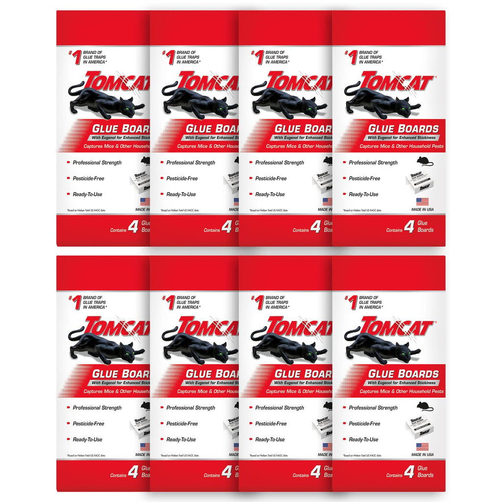 Tomcat Glue Boards with Immediate Grip Glue for Mice, Cockroaches, and Insects, Ready-to-Use, 8-Pack (32 Glue Boards)