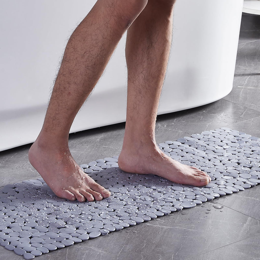 Webos Bath Shower Mat Non Slip: Extra Large Pebble Bathtub mat for Kids, Elderly, Anti Slip Shower Matt with Drain Holes Suction Cups Tub Mat - 16 X 40 Inch Grey