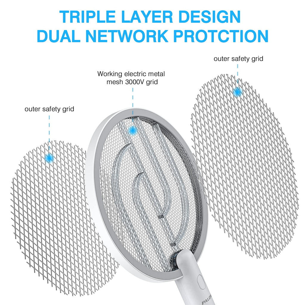 PALONE Electric Fly Swatter 3000V Bug Zapper Racket 2 in 1 Fly Swatter with 1200mAh Battery Rechargeable Mosquito Killer Lamp with 3 Layers Safety Mesh for Indoor and Outdoor (2 Pack)