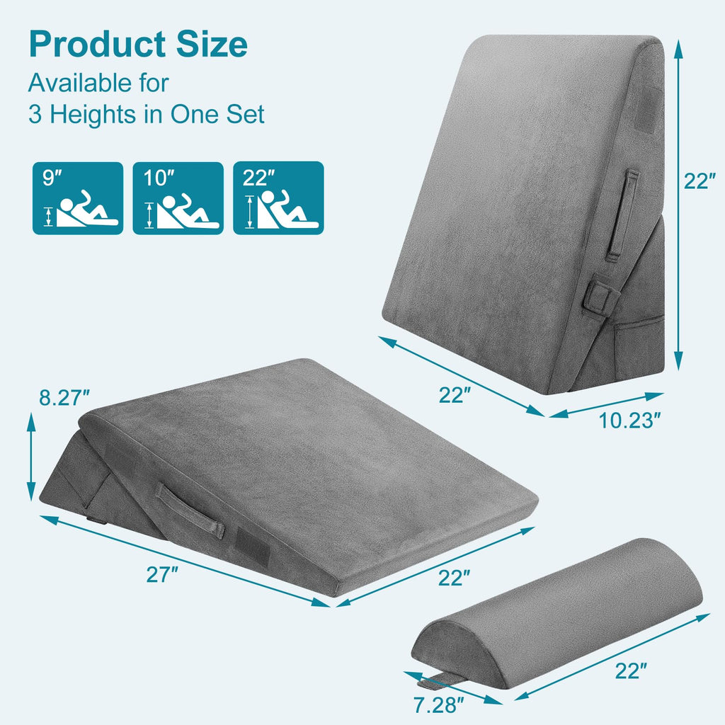 Domusensus Bed Wedge Pillow for Sleeping, 3Pcs Adjustable 9&12 Inch Fold Wedge Pillow for Sleeping,Back Pain Relief,Knee Support,Cooling Memory Foam Pillows for Acid Reflux,Snoring,Dark Grey