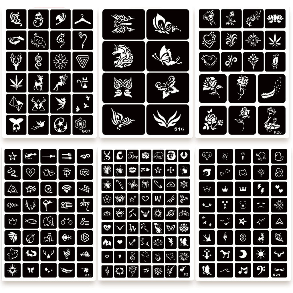 ChurlChurl 575pcs Temporary Tattoo Stencils, 20 Sheets Henna Tattoo Stencil Kit for Women Girls Kids and Boys Face Body Paint DIY Art Reusable Glitter Tattoo Stencils Pack
