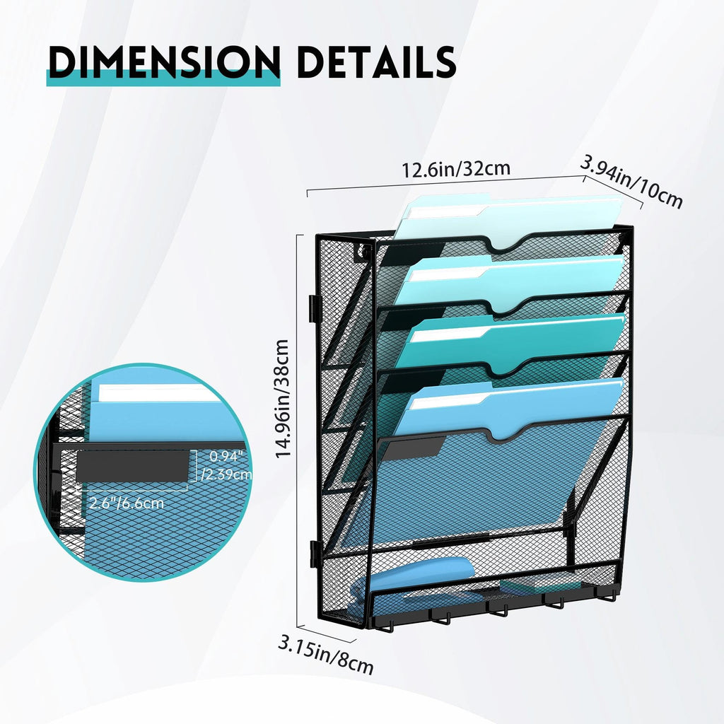 5 Tier Wall File Organizer - Hanging File Organizer with 5 Hooks, Mail Holder Wall Mounted for Papers, Folders, Magazines, Bills, Office&School Organization, Black