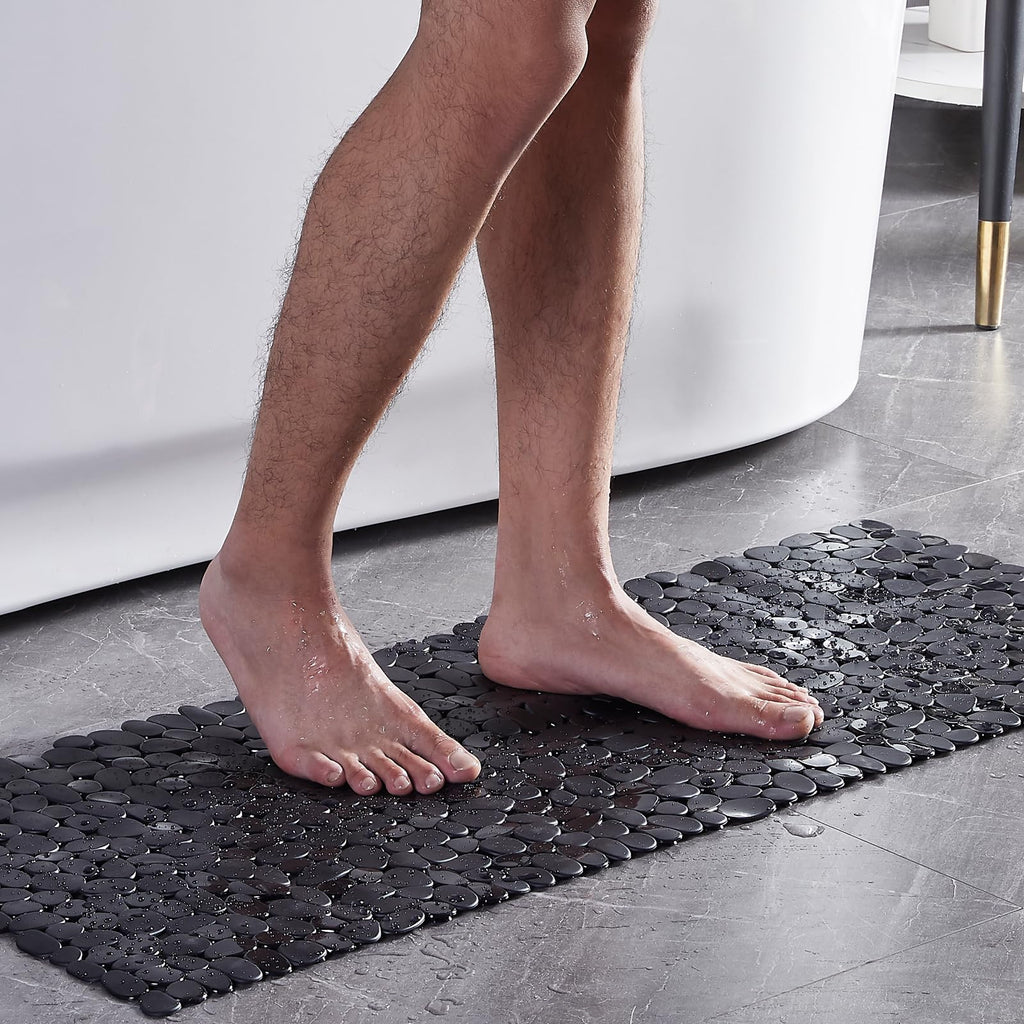 Webos Bath Shower Mat Non Slip: Extra Large Pebble Bathtub mat for Kids, Elderly, Anti Slip Shower Matt with Drain Holes Suction Cups Tub Mat - 16 X 40 Inch Black