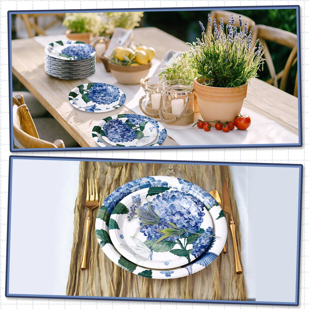 Funnymoom 48 Pcs Watercolor Hydrangea Paper Plates Set Include 9 Inch Floral Disposable Plates 7 Inch Spring Summer Blue Hydrangea Tableware for Bridal Baby Shower Birthday Party Supplies