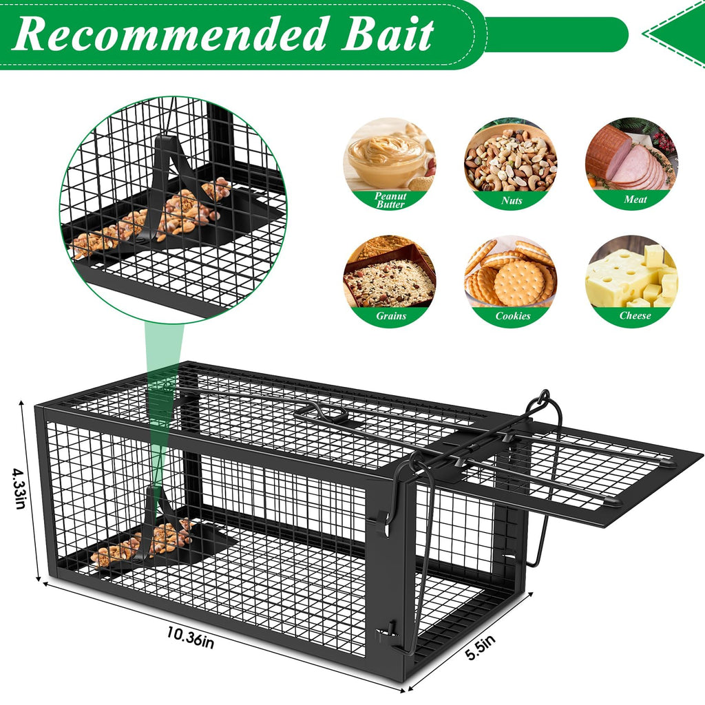 2 Packs Humane Rat Trap Outdoor Mouse Traps Indoor Use, Rodent Chipmunk Traps for Small Live Animal Catch and Release - Black
