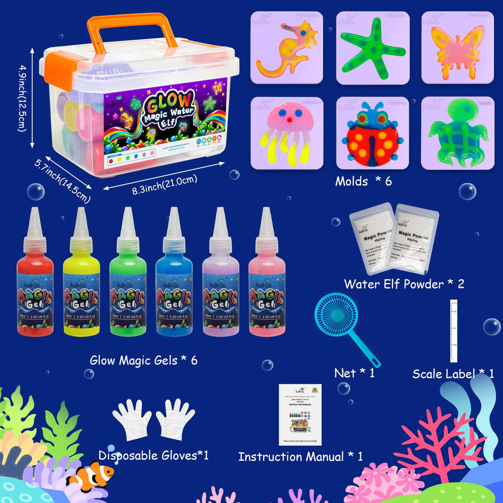 Kiditos Glow in The Dark Magic Water Elf Toy Kit, Magic Aqua Fairy Water Gel Kit with 6 Glow Colors and 6 Molds. Christmas Gifts, Birthday Gifts, Party Favors, Arts & Crafts DIY STEM Kits for Kids