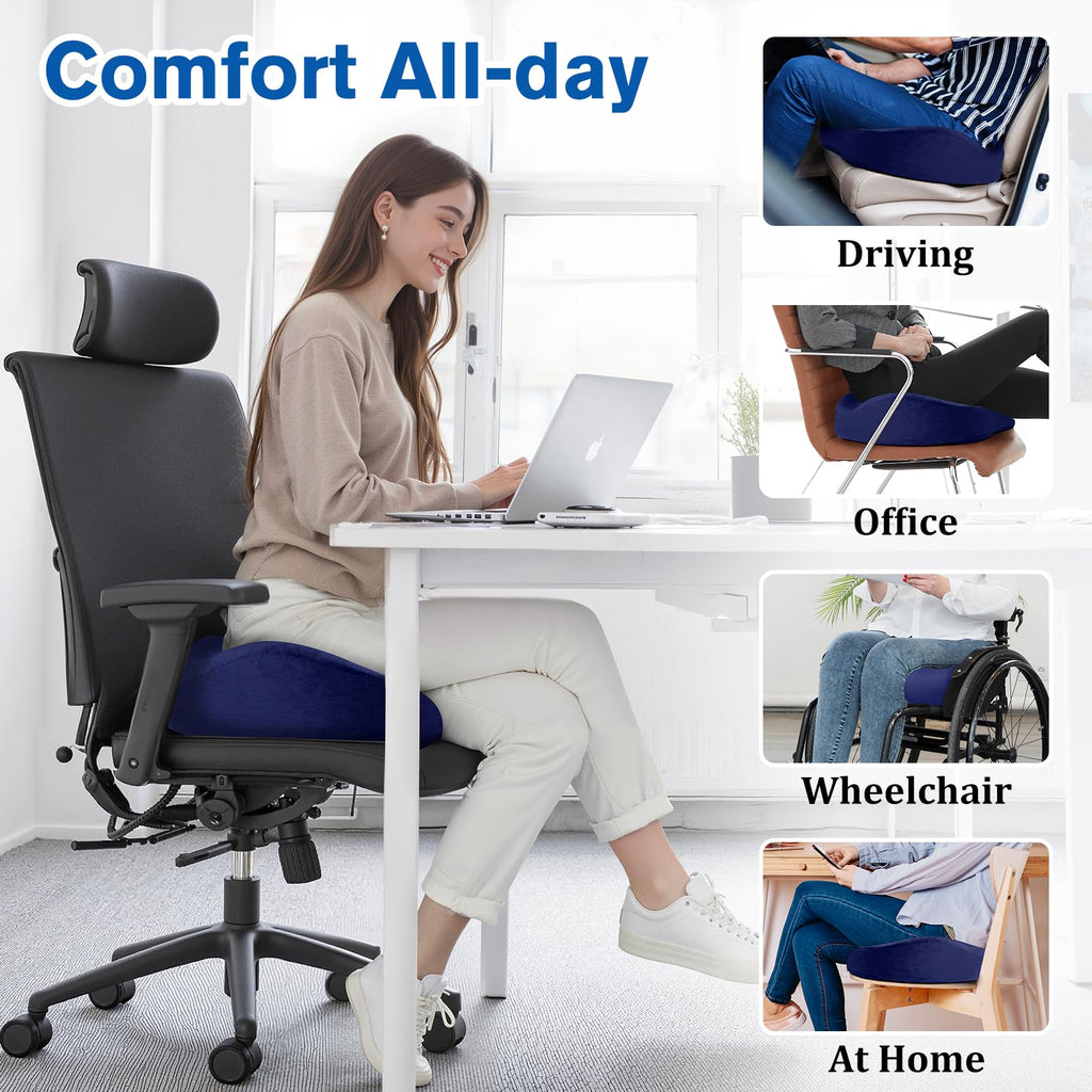 CushyOasis Seat Cushion, Chair Cushions, Office Chair Cushions, Anti-Slip Bottom & Removable Cover Tailbone Pain Relief Cushion, Memory Foam Seat Cushion, 5.28 in Thick (Blue)