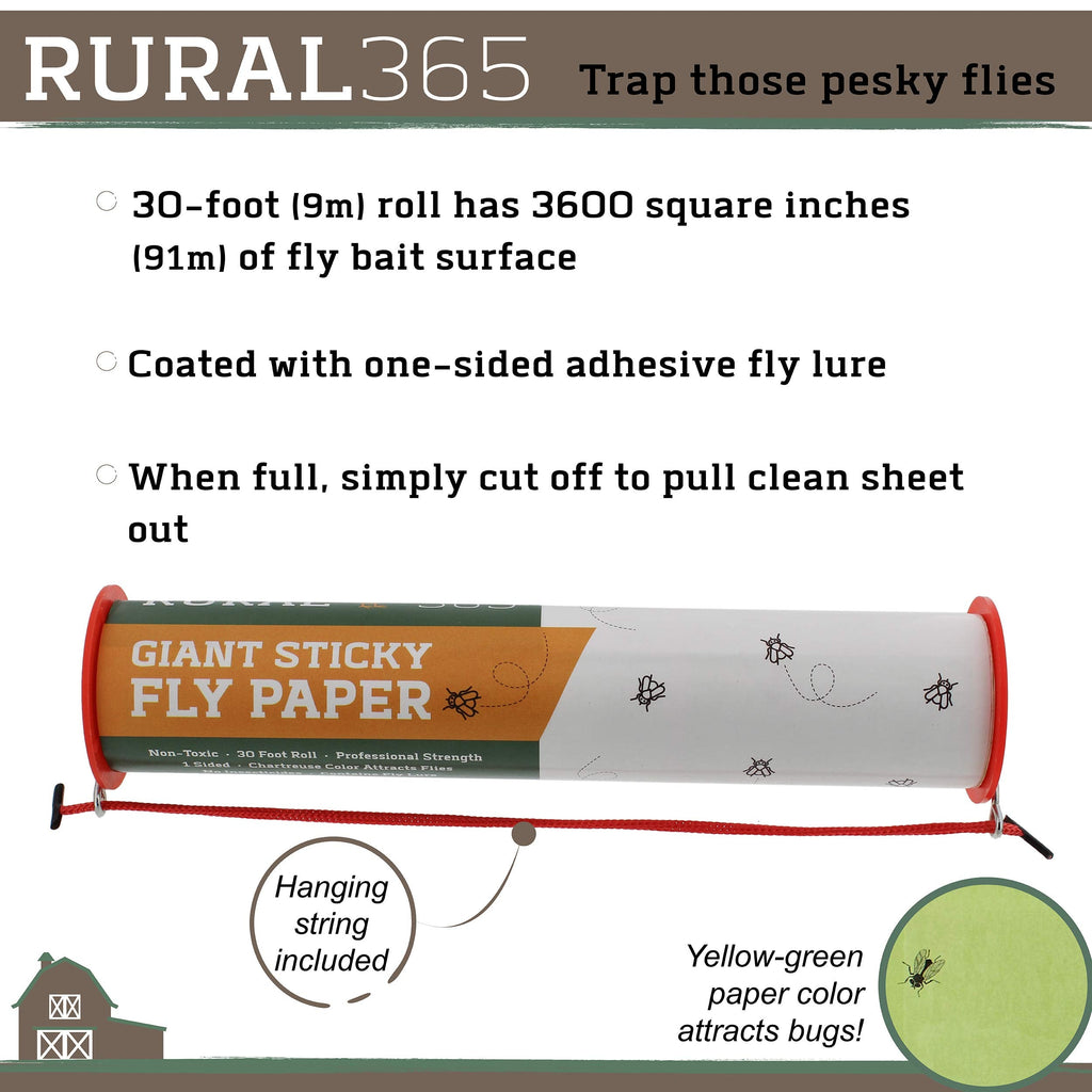 Ruralty Fly Tape Trap - 30ft Horizontal or Vertical Hanging Adhesive Indoor and Outdoor 3pk Insect Fly Trap Ribbon Roll