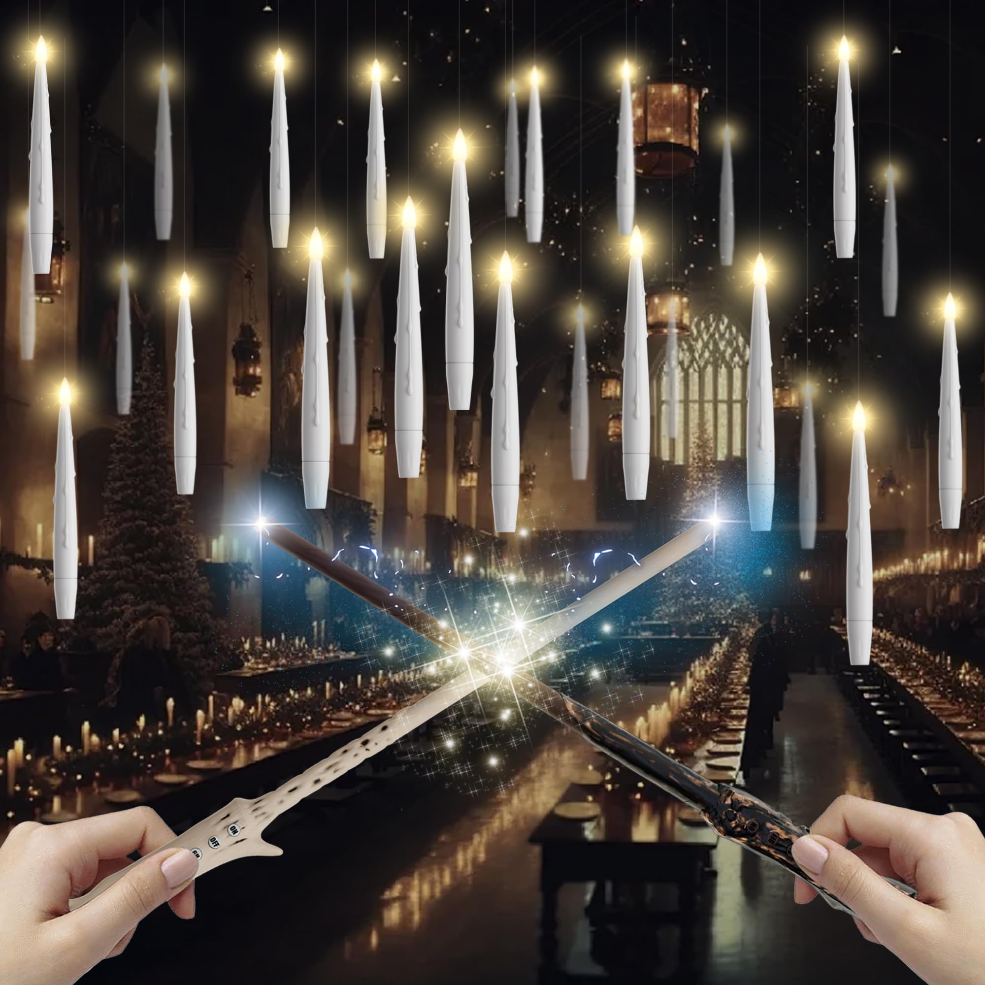JOIONE Floating Candles with Wand, 20 Pack Halloween Flameless Candles Magic Hanging Taper Candles with 2 Wand Remotes, Battery Operated Candles for Halloween Christmas Birthday Party Decor White