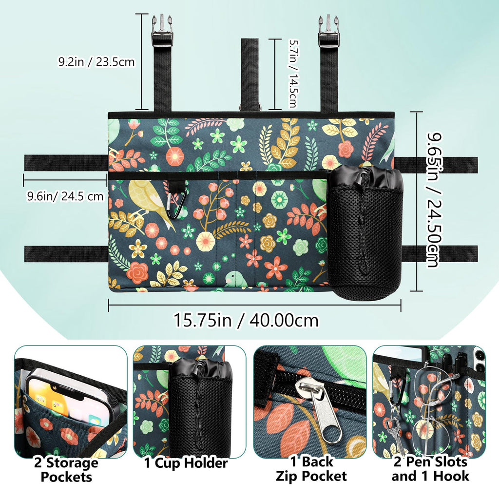 Rhino Valley Walker Bag, Multi Pockets Folding Walker Basket Tote Bag with Cup Holder, Hand-Free Carry Pouch Storage Bag for Universal Walkers, Large Capacity Organizer for Seniors Elderly, Birds