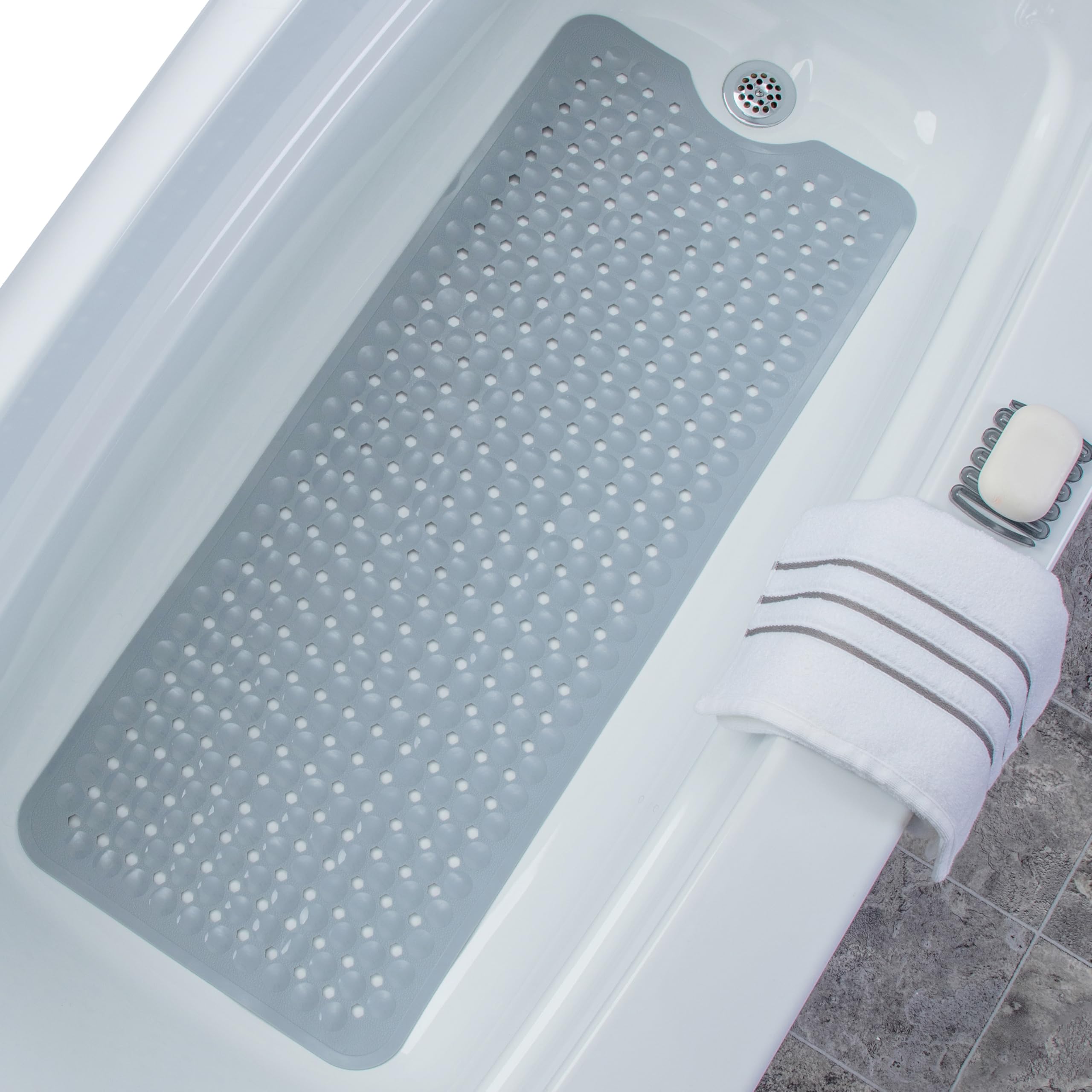 SlipX Solutions Power Grip Extra Long Bath Tub & Shower Mat 39x16, Wet Floor Non-Slip for Elderly & Kids Bathroom, 30% Longer Bathtub Mats, 200 Suction Cups, Drain Holes (1, Solid Gray)
