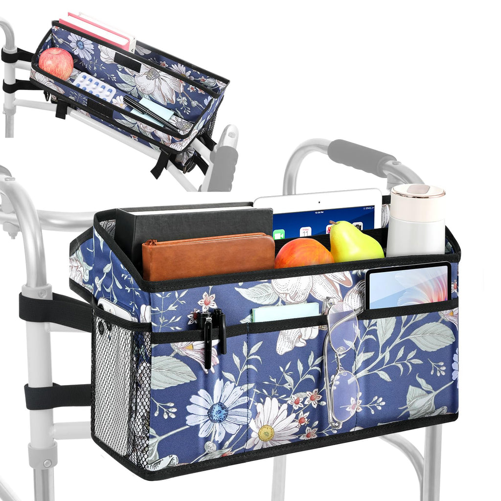 Rhino Valley Walker Basket for Folding Walker, Multi-Pocket Walker Tray with Cup Holder, Foldable Walker Bag, Large Storage Basket for Walker, Walker Accessories for Seniors, Blue Cosmos