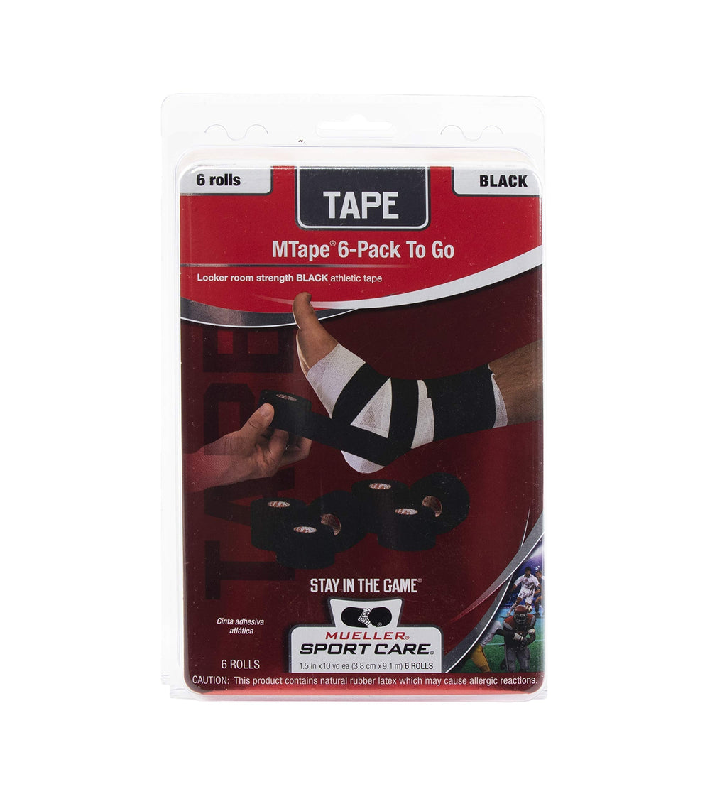 MUELLER Sports Medicine MTape Rolls To Go, Quality Athletic Tape, Easy to Tear for Fast & Effective Taping, 1.5" x 10 Yards Per Roll, 6 Rolls, Black