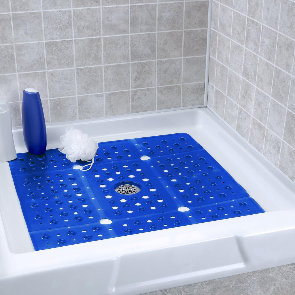 SlipX Solutions Extra Large Square Shower Mat, 27"x27", Non-Slip Stall Mat for Elderly & Kids Standing Bath Tub Mat, Machine Washable, Suction Cups, Solid Navy Blue