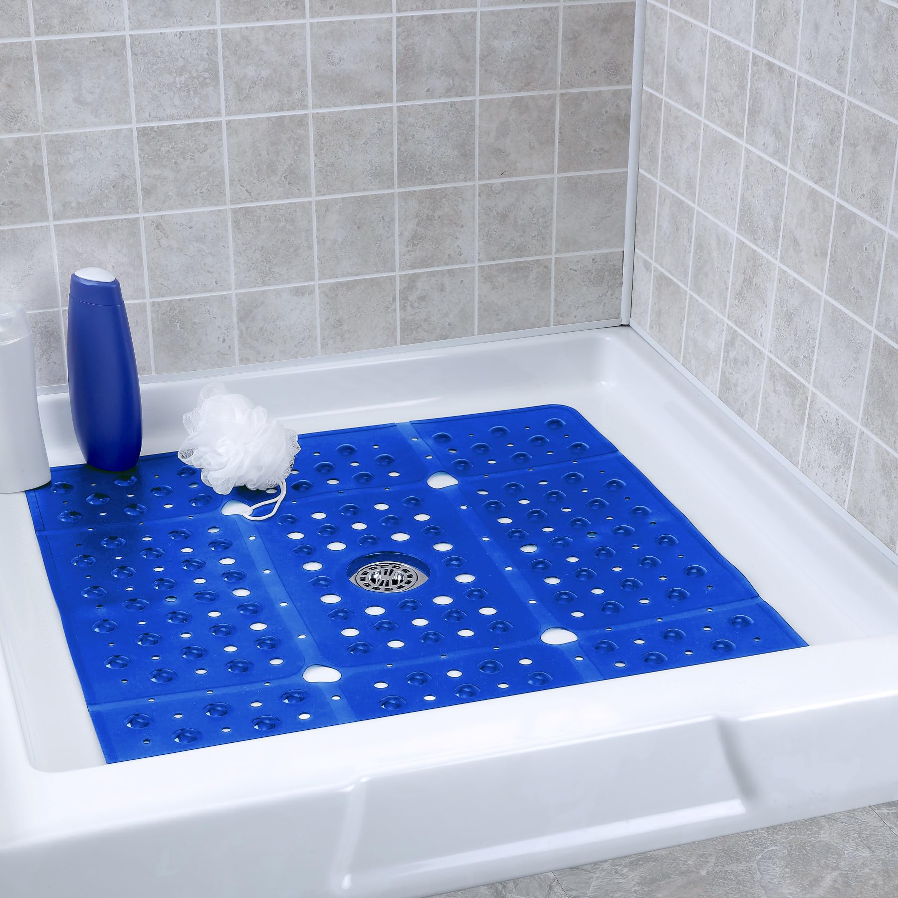 SlipX Solutions Extra Large Square Shower Mat, 27"x27", Non-Slip Stall Mat for Elderly & Kids Standing Bath Tub Mat, Machine Washable, Suction Cups, Solid Navy Blue