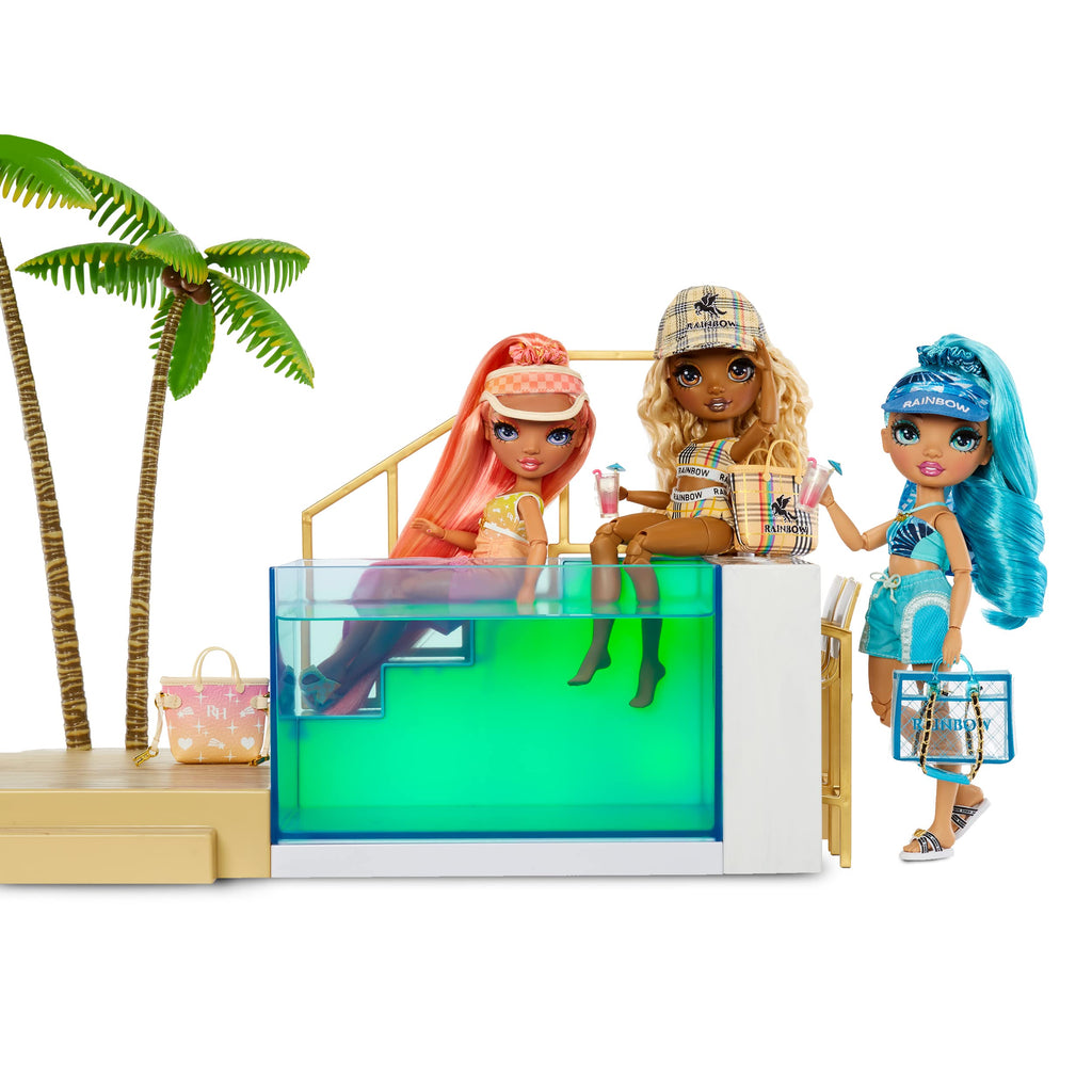 Rainbow High Color Change Pool & Beach Playset : 7-in-1 Light-Up-Multicolor Changing Pool, Adjustable Umbrella, and Pool Accessories. Fits 7 Fashion Dolls, Toy Gift for Kids Ages 6 7 8+ to 12 578475