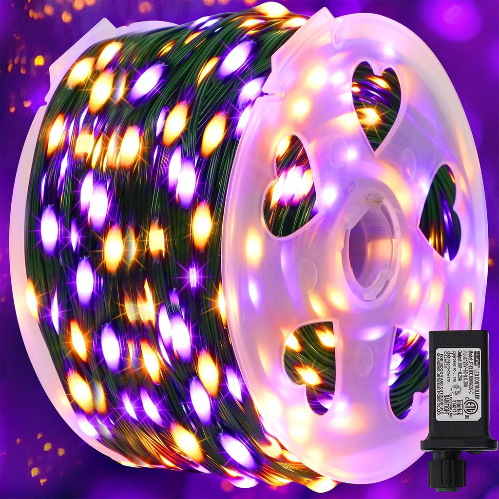 WATERGLIDE Extra Long 328FT Halloween Lights, 1000 LED Outdoor Fairy String Lights, Green PVC Copper Wire Christmas Lights, Plug in 8 Modes & Waterproof for Tree Party Home Yard Decor, Orange&Purple
