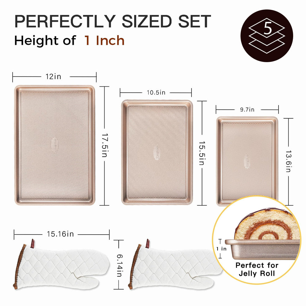 HONGBAKE 3 Pack Gold Nonstick Baking Sheet Pan Set with Oven Mitts Heat Resistant, Non-Toxic Half/Quarter/Jelly Roll Pans with Diamond Texture Pattern, Heavy Duty 0.8mm Thick Cookie Trays for Cooking