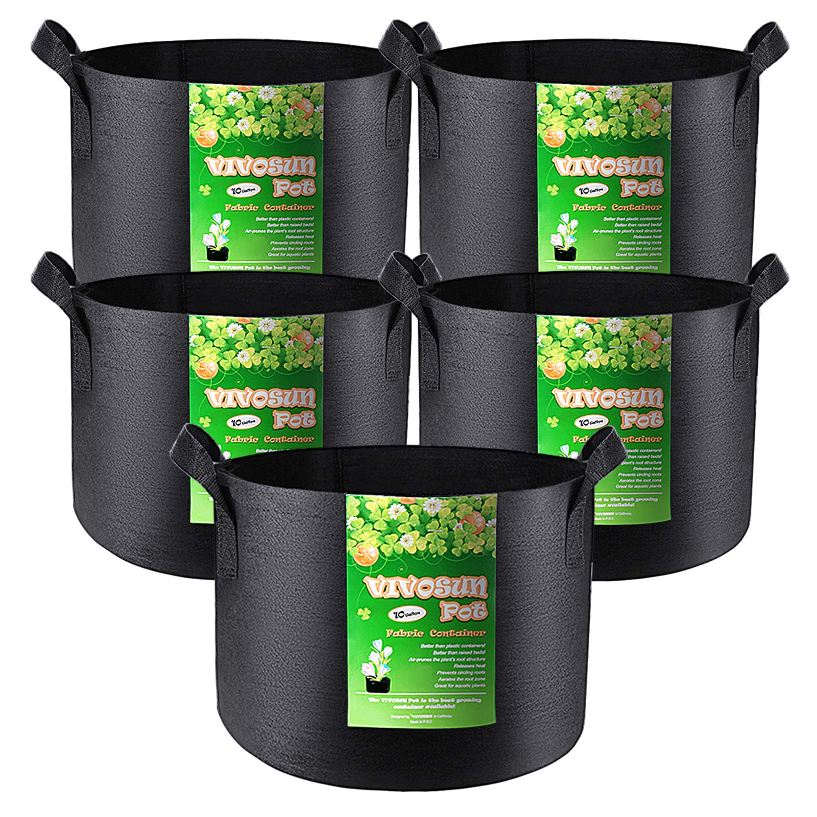 VIVOSUN 5-Pack 10 Gallon Plant Grow Bags, Heavy Duty Thickened Nonwoven Fabric Pots with Handles