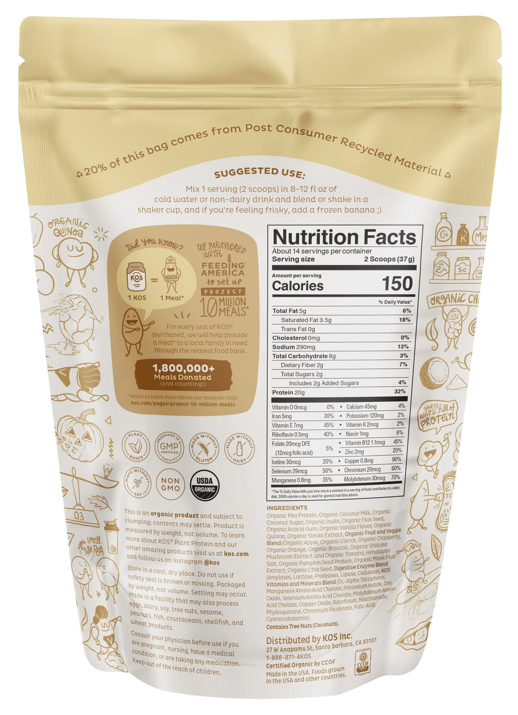 KOS Vegan Protein Powder, No Erythritol, Vanilla - USDA Organic Pea Protein Blend, Plant Based Superfood Rich in Vitamins & Minerals - Keto, Dairy Free - Meal Replacement for Women & Men, 14 Servings
