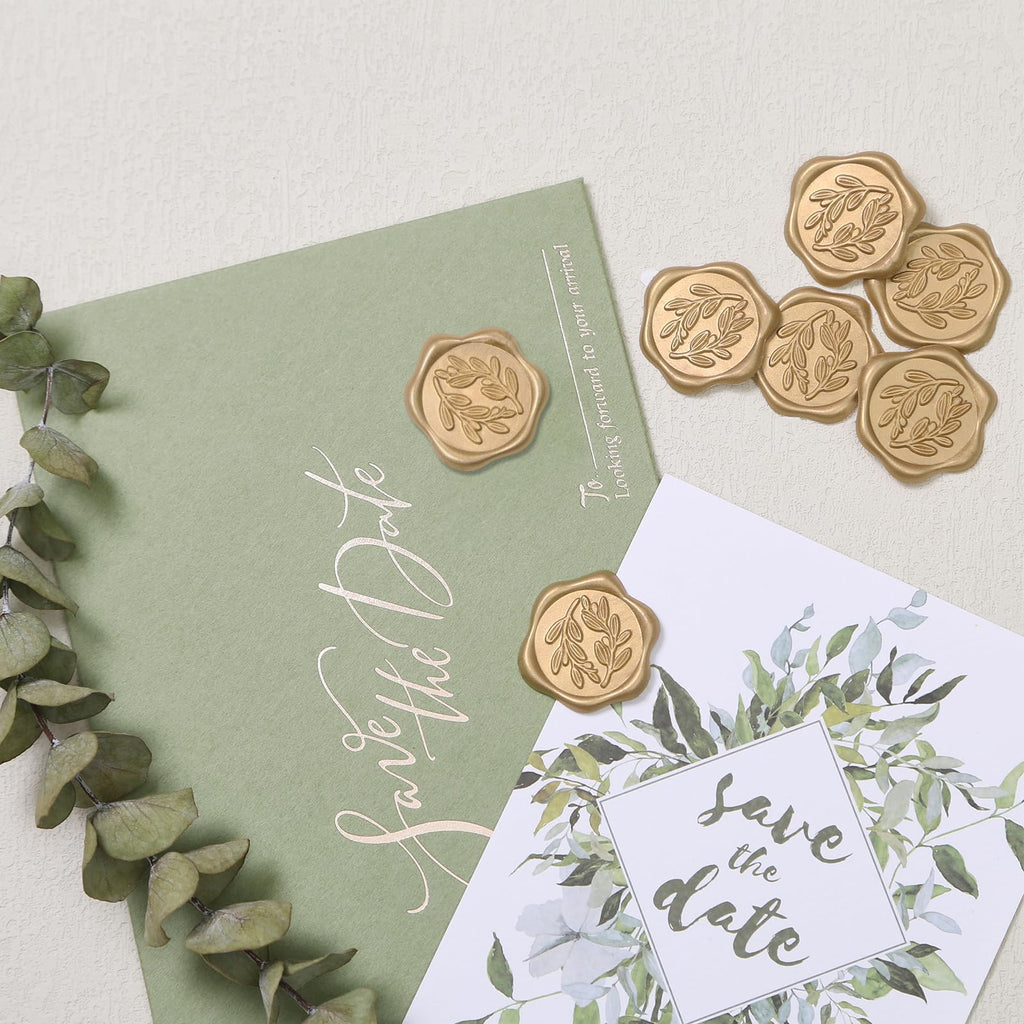 UNIQOOO Wax Seal Stickers - Olive Branch Wedding Invitation Envelope Seal Stickers, 50 Pcs Self- Adhesive Prosecco Metallic Lignt Gold Stickers, Perfect for Invitation, Christmas, Gift Wrapping