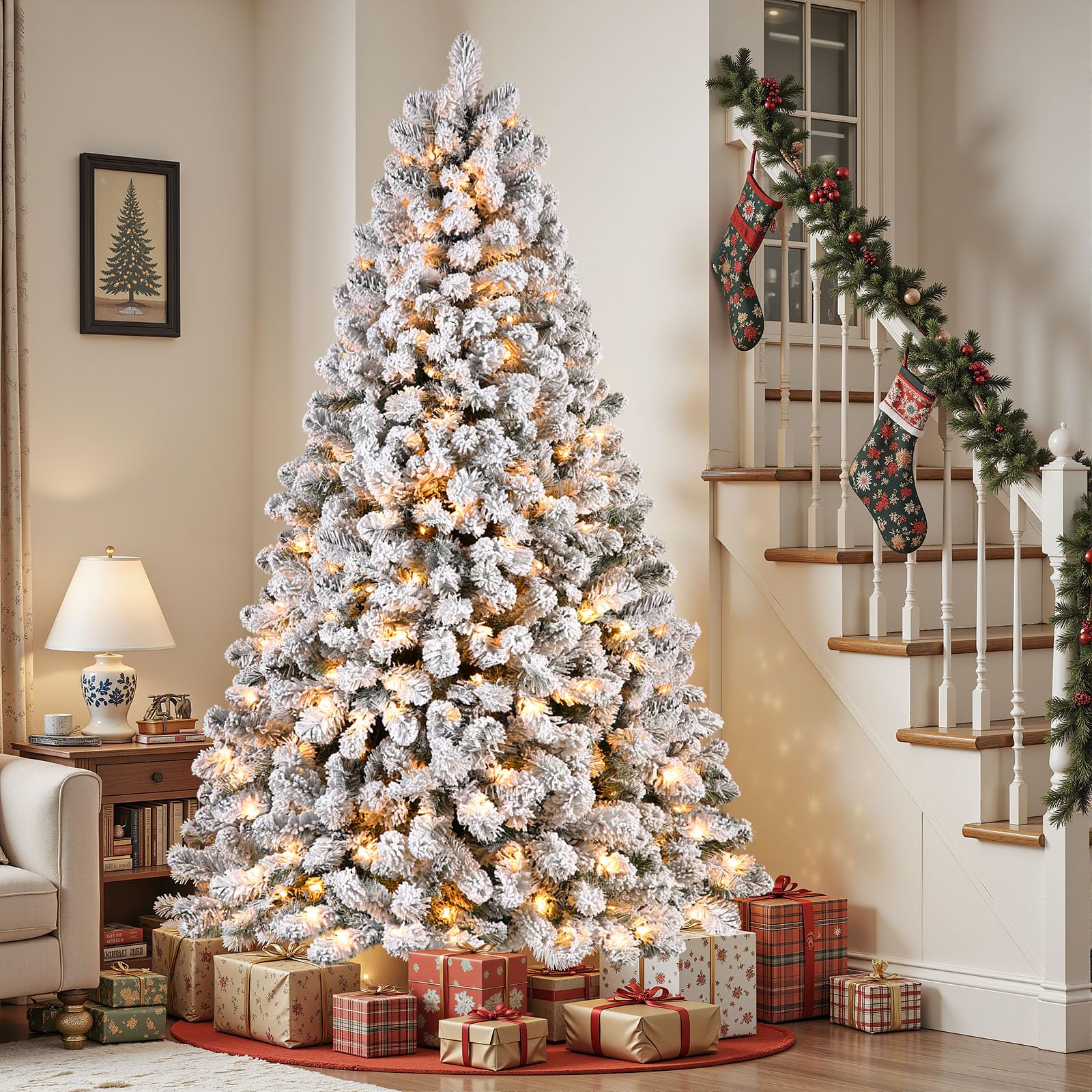 SHareconn 7.5ft Prelit Snow Flocked Spruce Artificial Christmas Tree with 350 Incandescent Warm White Lights, Foldable Stand, Snow Flocked Full Prelighted Xmas Tree W/1170 Branch Tips, 7.5 FT, White