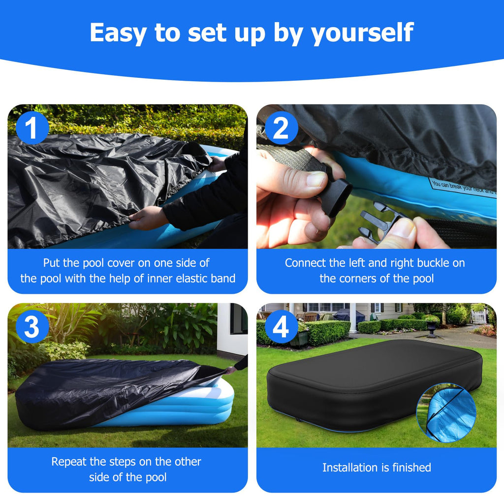 Rectangular Pool Cover for Inflatable Pool, Fits Blow Up Pool Size 120" L x 72" W, Built-in Elastic Band and Extra Buckle to Prevent Slipping, 10' x 6' Rectangle Above Ground Swimming Pool Cover