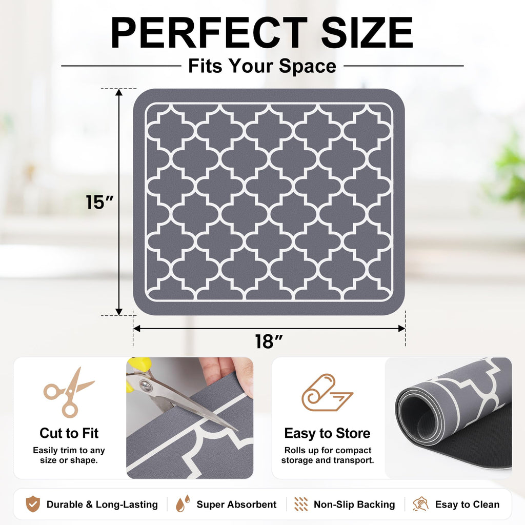 WISELIFE Dish Drying Mat Super Absorbent Drying Mat Large Dish Drying Mats for Kitchen Counter Easy Clean Dish Mat Kitchen Drying Mat15"x 18" Stylish Grey