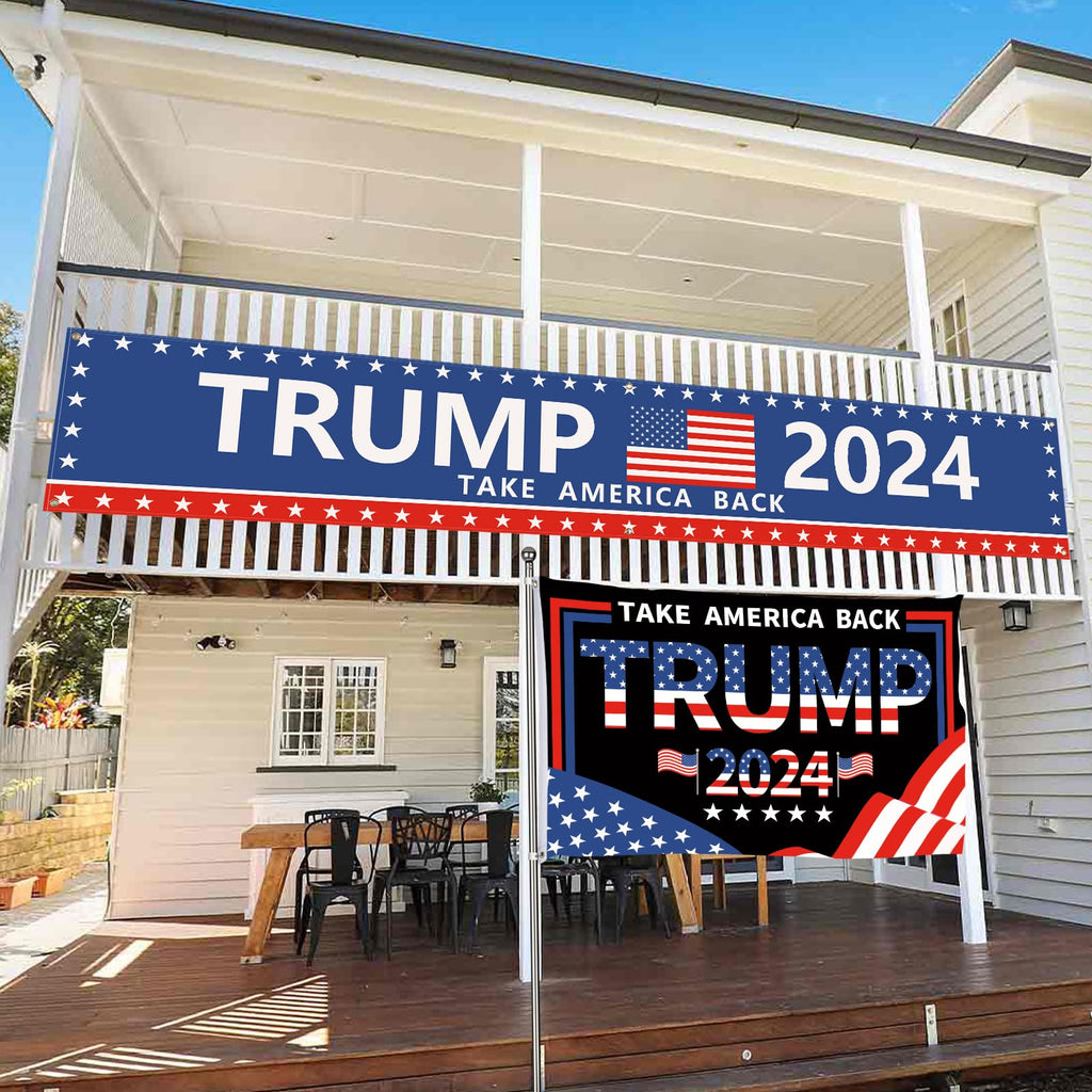 Probsin Trump 2024 Banner 120" x 20" with Trump 2024 Flag 3x5 Ft Set Take America Back Decorations Trump 2024 Yard Sign Party Supplies Backdrop Hanging Outdoor Gate Decor Fence Door Indoor Wall