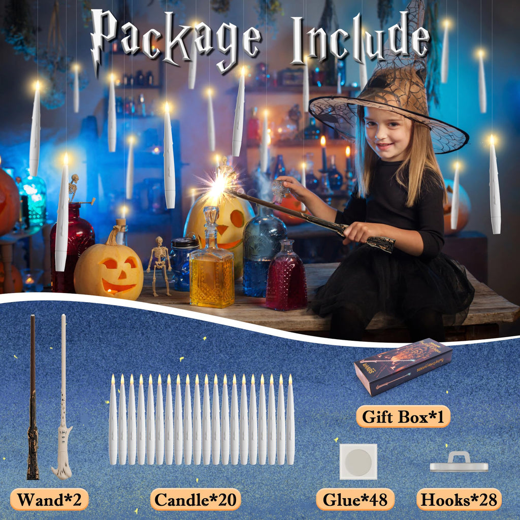 JOIONE Floating Candles with Wand, 20 Pack Halloween Flameless Candles Magic Hanging Taper Candles with 2 Wand Remotes, Battery Operated Candles for Halloween Christmas Birthday Party Decor White