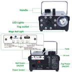 ATDAWN Fog Machine with 8 LED Lights and Disco Ball, Wireless Remote Control Smoke Machine with Bluetooth Speaker, Perfect for Wedding, Halloween, Party and Stage Effect