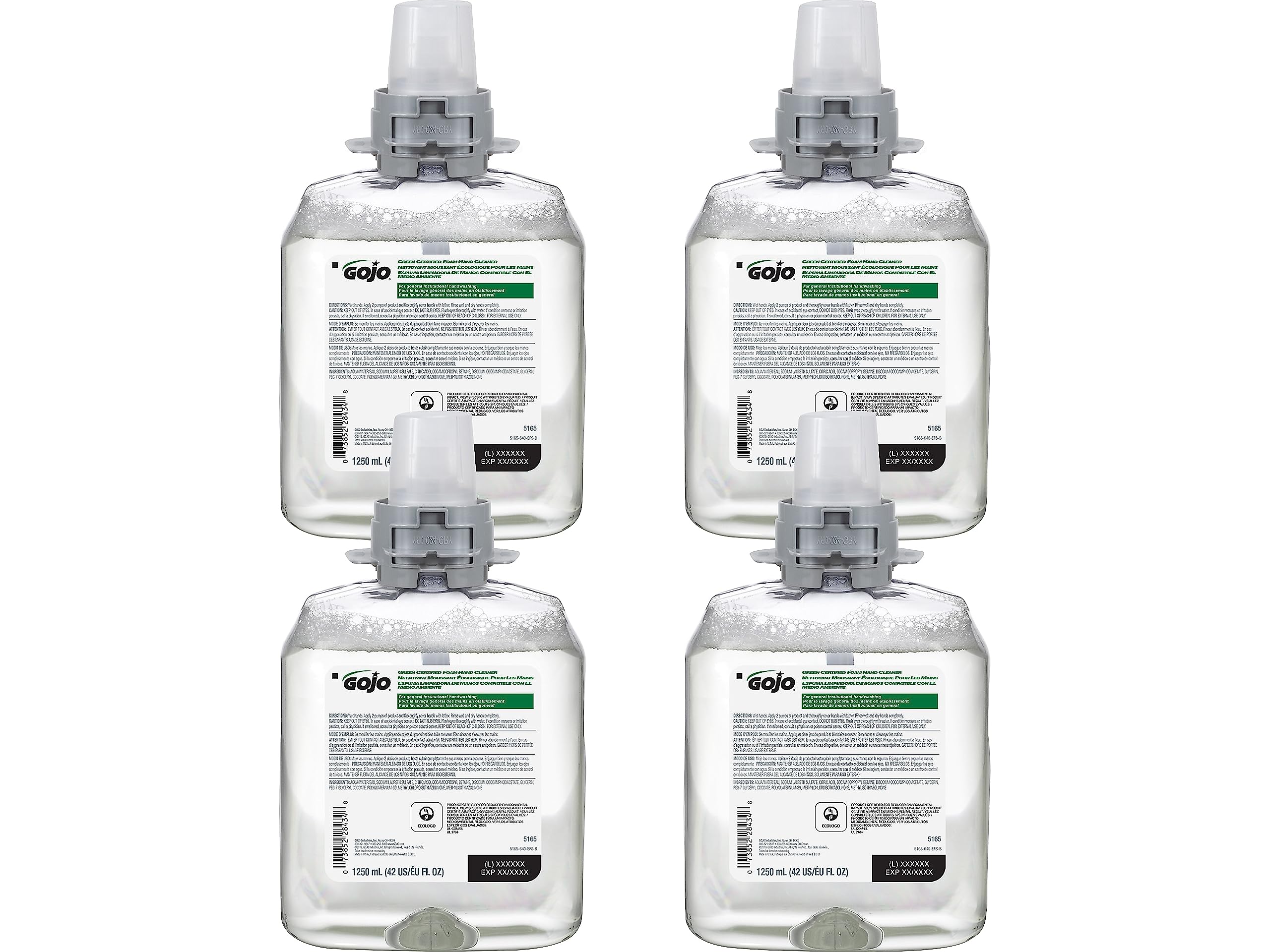 Gojo Green Certified Foam Hand Cleaner, Fragrance Free, 1250 mL Hand Soap Refill FMX-12 Push-Style Dispenser (Pack of 4) - 5165-04