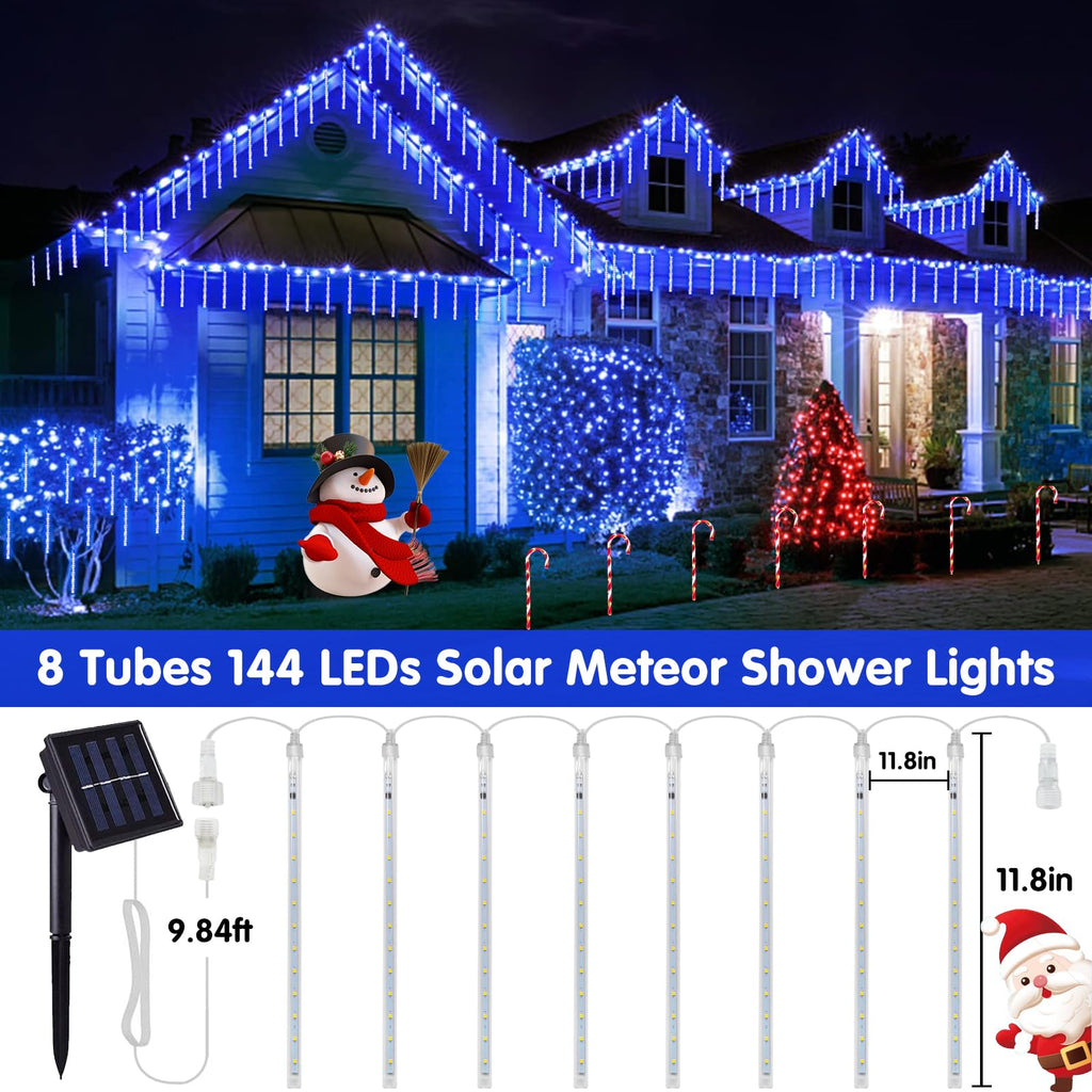 JMEXSUSS Solar Christmas Lights Outdoor Waterproof, Blue Solar Meteor Shower Rain Lights, 8 Tube 144 LEDs Solar Icicle Tree Lights for Halloween Yard Party Patio Xmas Decoration