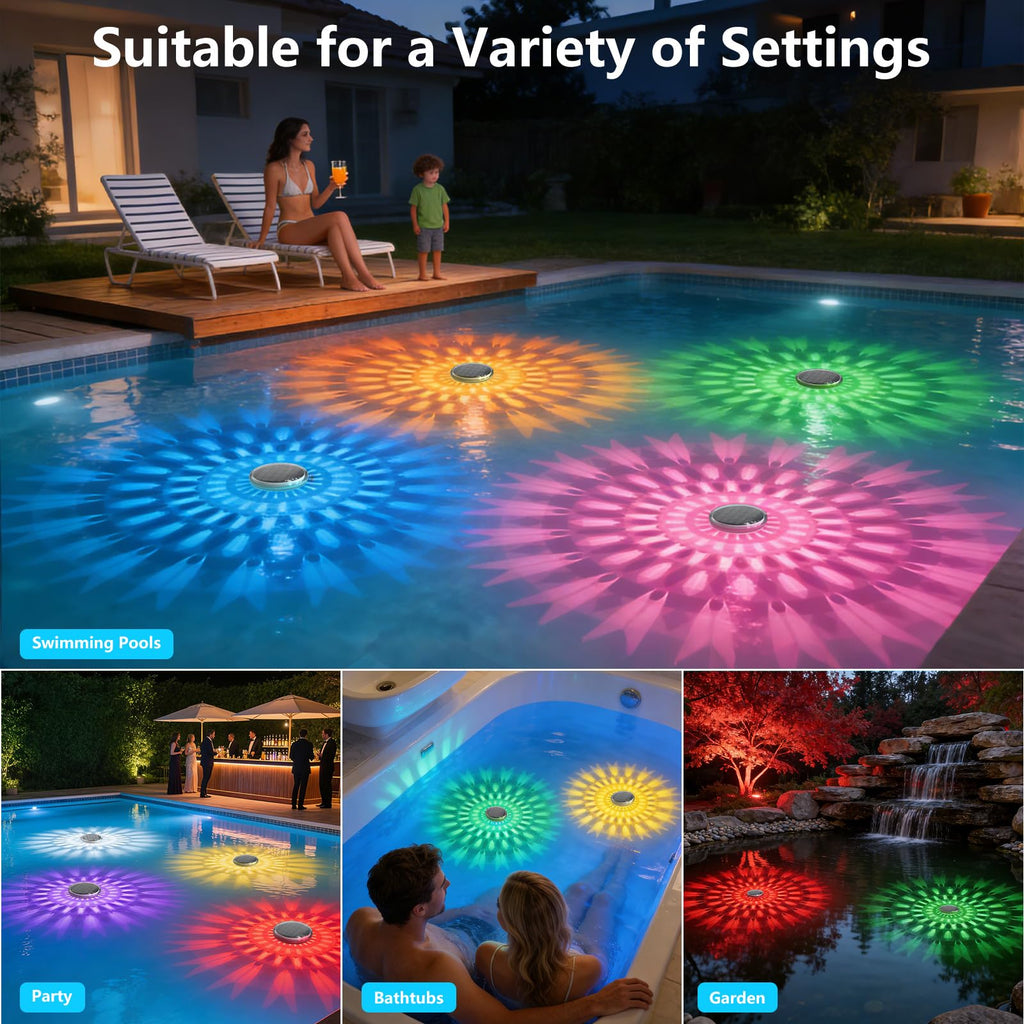 Solar Powered Floating Pool Lights(2 Pack), Pool Lights That Float with Remote Control, 12 Lighting, Timing Mode, IP67 Waterproof for Inground/Above Ground Pool, Pool Party, Bathroom, Bathtub, Garden