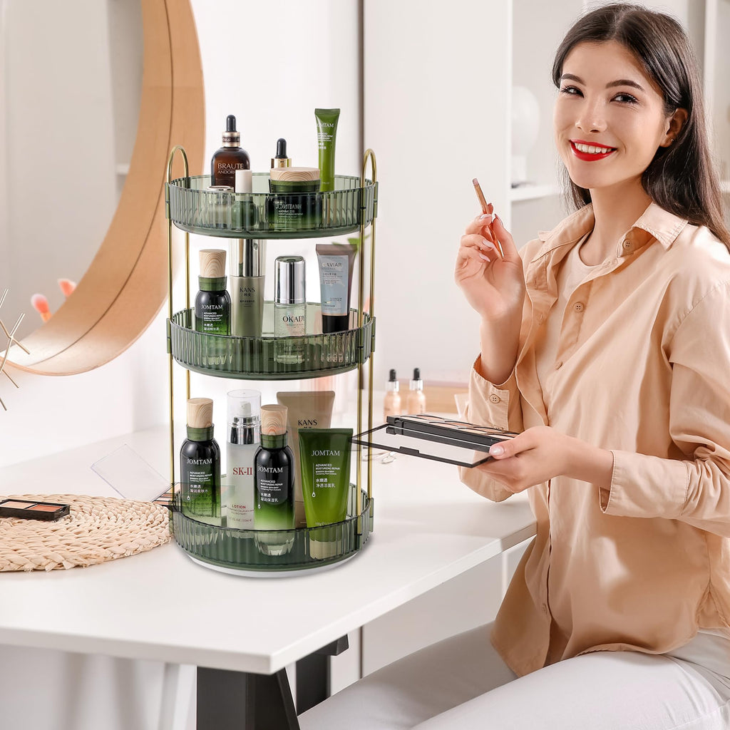 Rotating Makeup Organizer for Vanity, Skin Care Perfume Organizers Large Capacity, Bathroom Counter Organizer for Make Up Cosmetic Lipstick, Clear Spinning Organizer Perfume Holder (3 Tiers, Green)