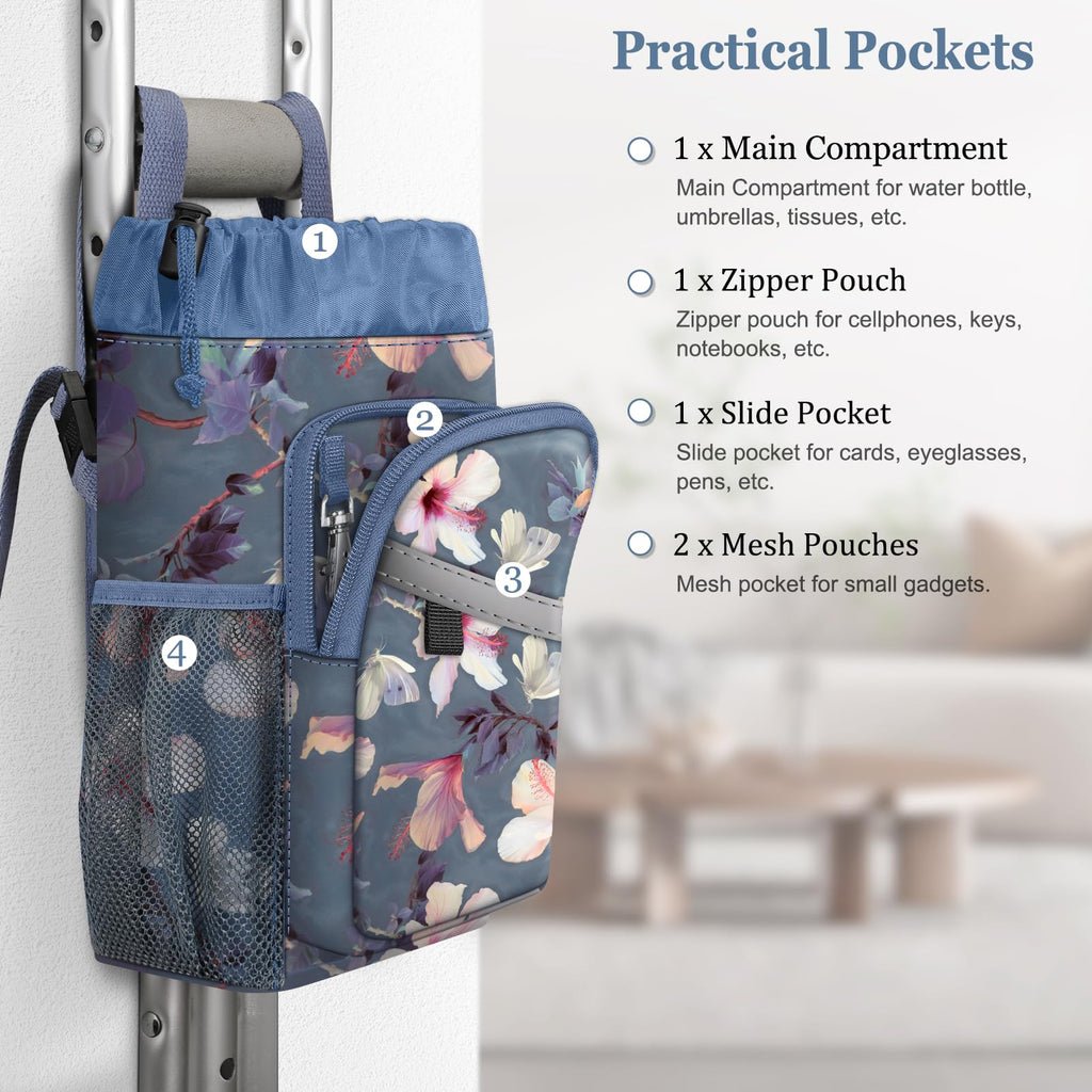 FINPAC Crutch Accessories Bag, Water-Resistant Storage Organizer Tote Bag with Drink Holder and Zipper Pouch for Crutches, Underarm Crutches Attachment (Blooming Hibiscus)