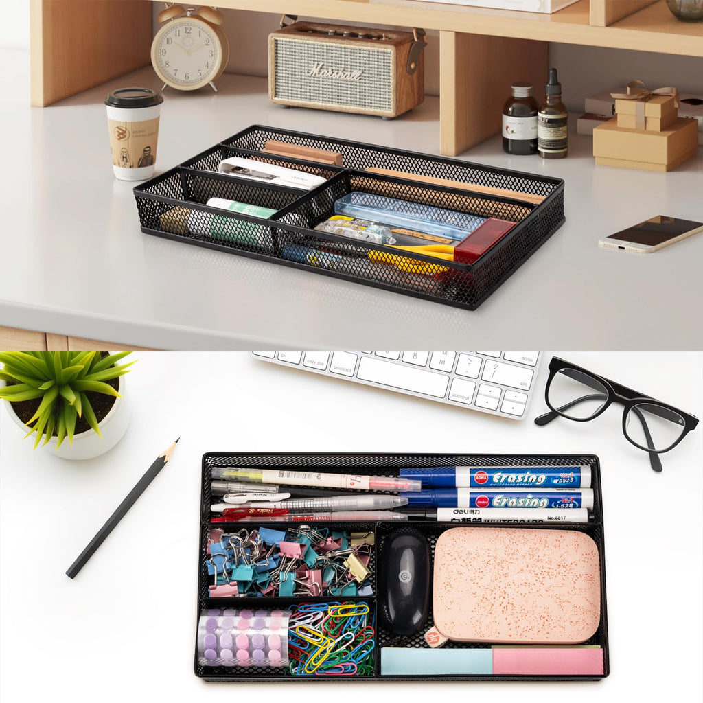 Desk Drawer Organizer Tray,Drawer Organizer for Office and Home,Desk Organizer with Drawers,4 Compartments,Non-Slip Desk Organizers and Accessories for Stationery Makeup School (Black)