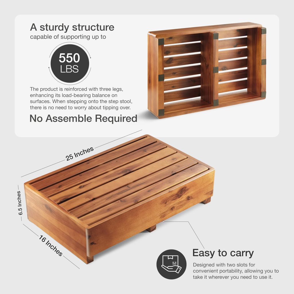 TINAMO 6.5" One Step Stool for Elderly (No Assemble Required)- 550 Lbs Acacia Wood High Riser Step Stool for Bed - Wooden Mobility Stepping Stools for Adults, Kids/Bedside, Bathroom, Kitchen, Garden