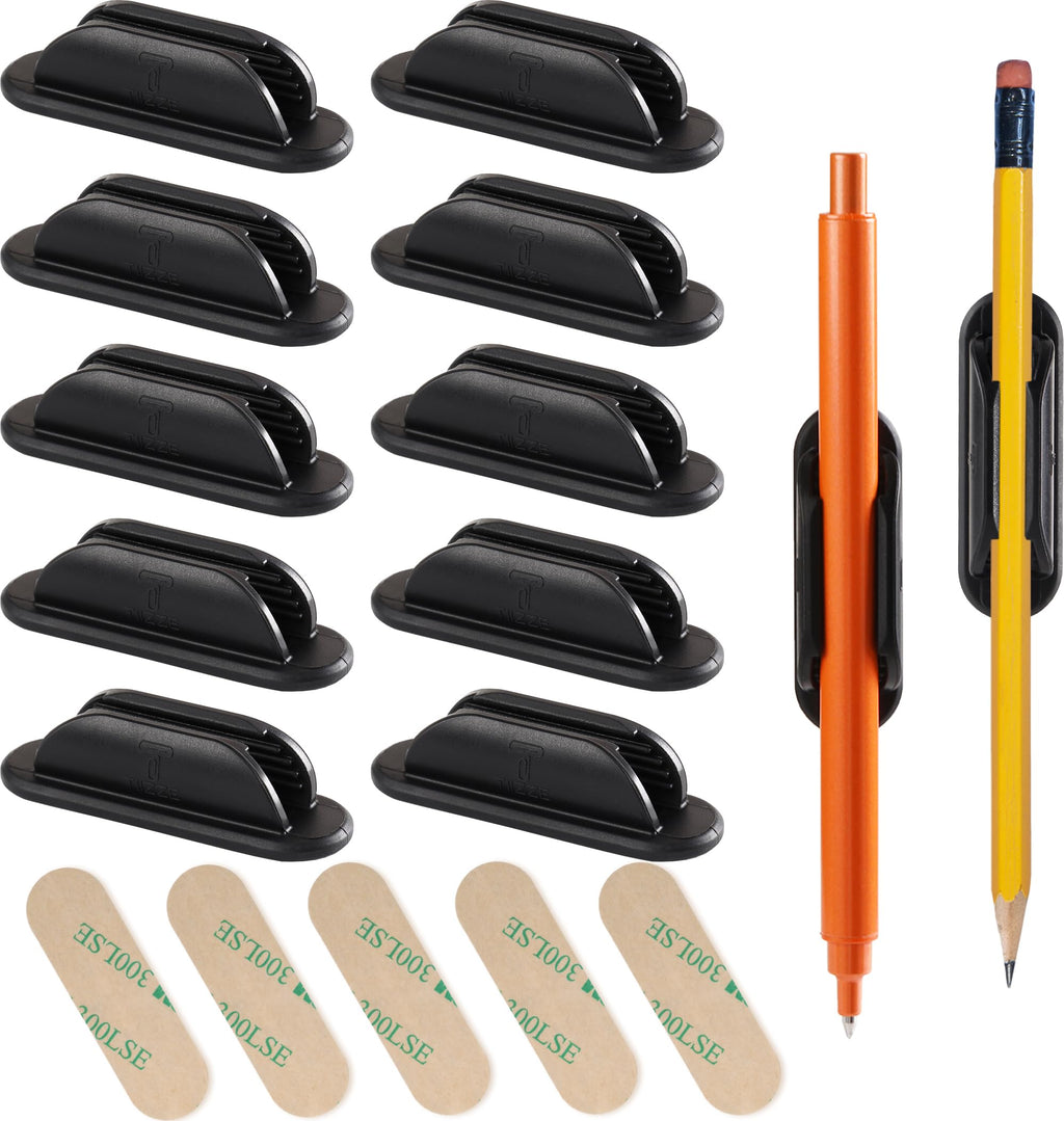10 Pack Adhesive Pencil Holder for Desk, Silicone Pen Holder for Wall, Clipboard & Laptop with 15 Upgraded Sticky Pads, Rugged Grip Pencil Holders for Classroom Teacher Essentials (Black)