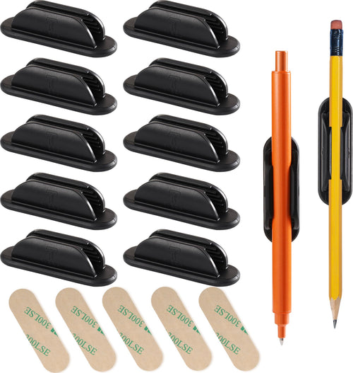 10 Pack Adhesive Pencil Holder for Desk, Silicone Pen Holder for Wall, Clipboard & Laptop with 15 Upgraded Sticky Pads, Rugged Grip Pencil Holders for Classroom Teacher Essentials (Black)