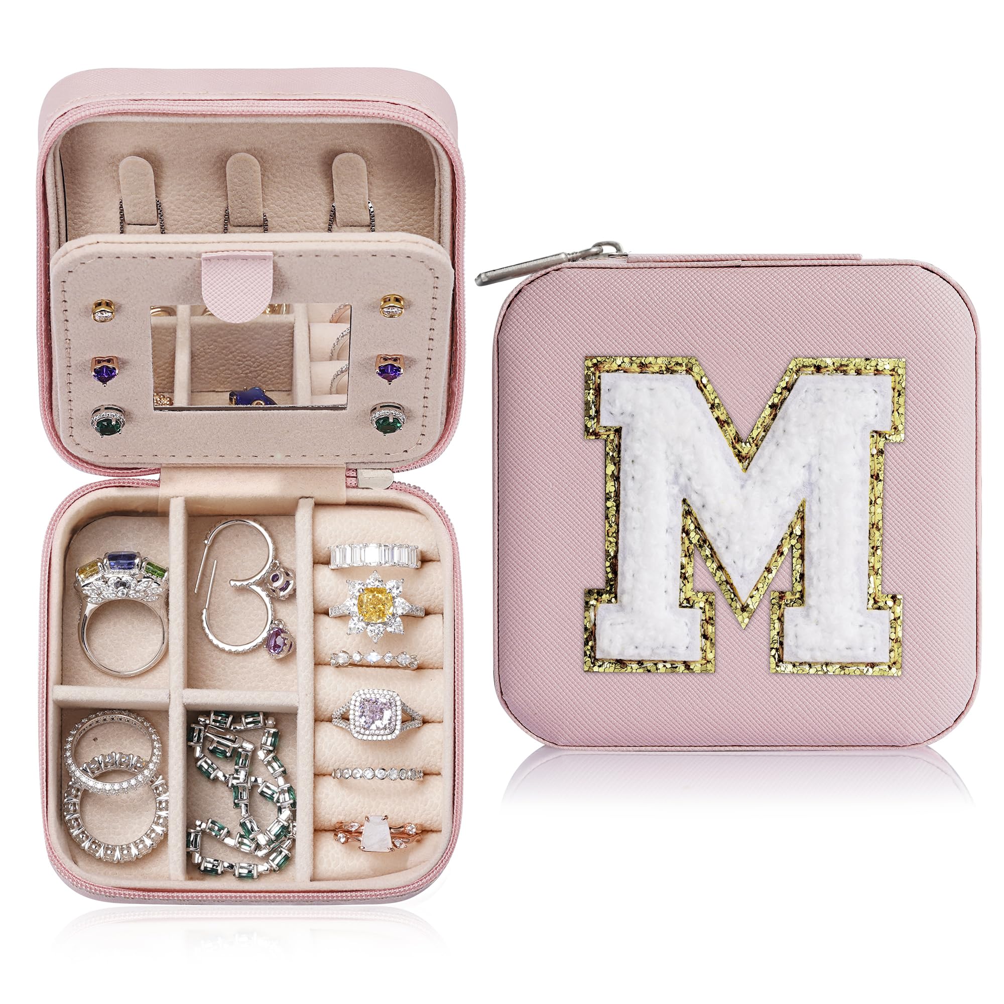 Parima 2024 Christmas Gifts Ideas - Cute Teen Girl Gifts Trendy Stuff, Initial Travel Jewelry Case Girl Jewelry Box for Necklace Earrings Rings, Christmas Travel Essentials - Letter M, Pink