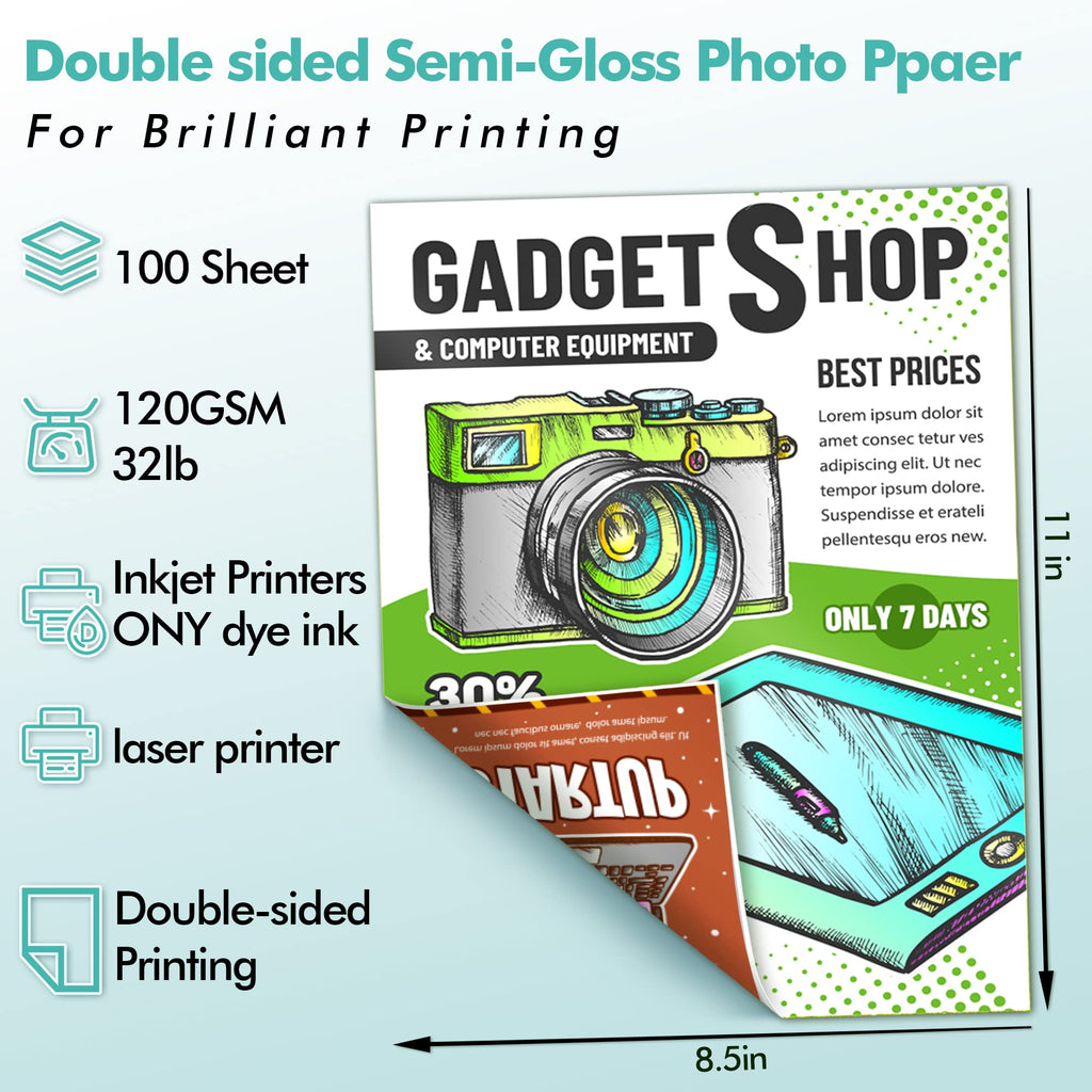 Koala Thin Double Sided Semi-Gloss Photo Paper 8.5X11 Inch 100 Sheets 32LB for Inkjet and Laser Printer for Menu Flyer Print