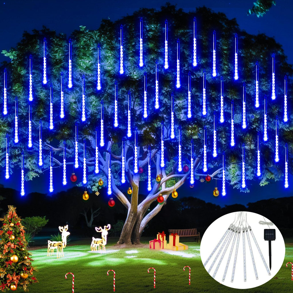 JMEXSUSS Solar Christmas Lights Outdoor Waterproof, Blue Solar Meteor Shower Rain Lights, 8 Tube 144 LEDs Solar Icicle Tree Lights for Halloween Yard Party Patio Xmas Decoration