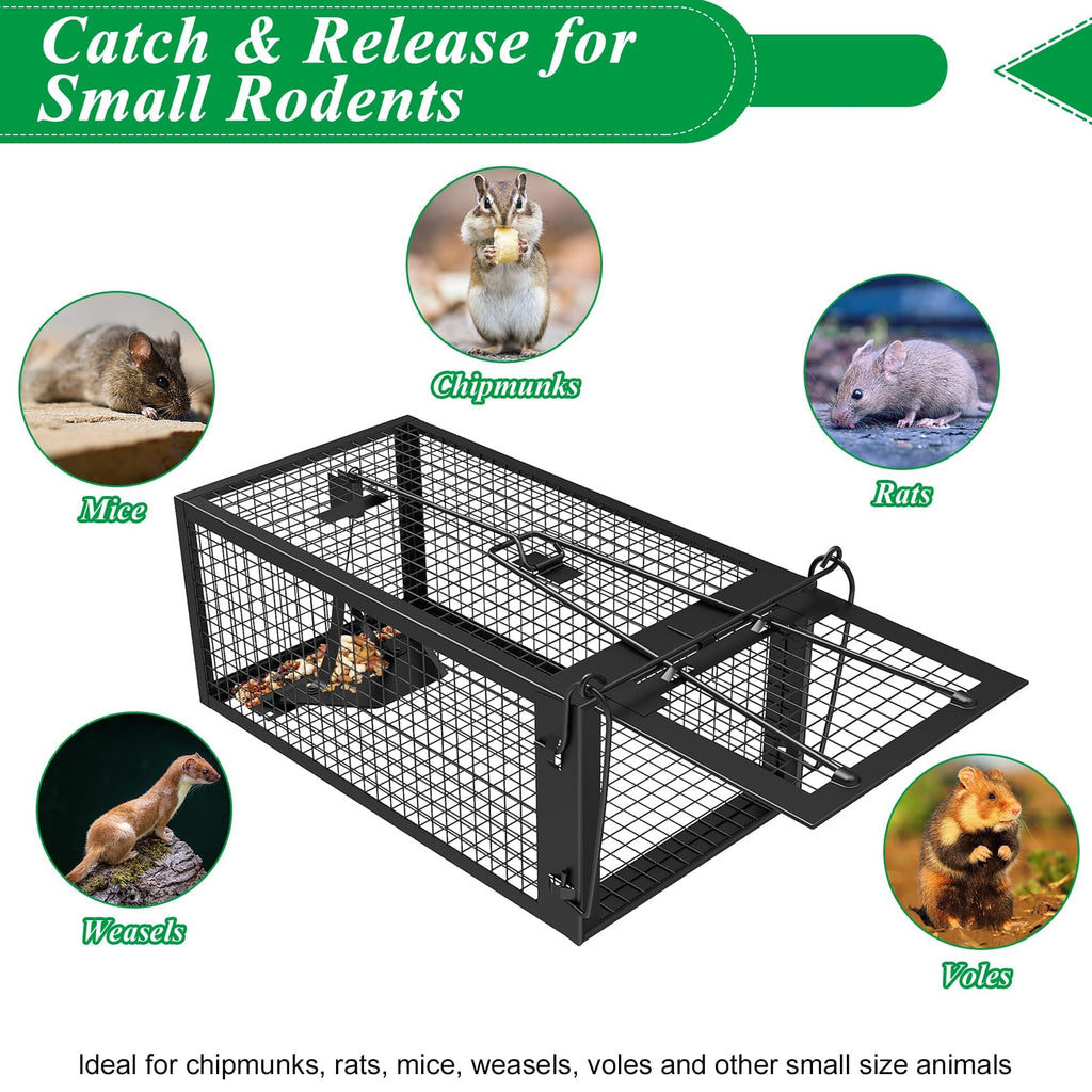 2 Packs Humane Rat Trap Outdoor Mouse Traps Indoor Use, Rodent Chipmunk Traps for Small Live Animal Catch and Release - Black