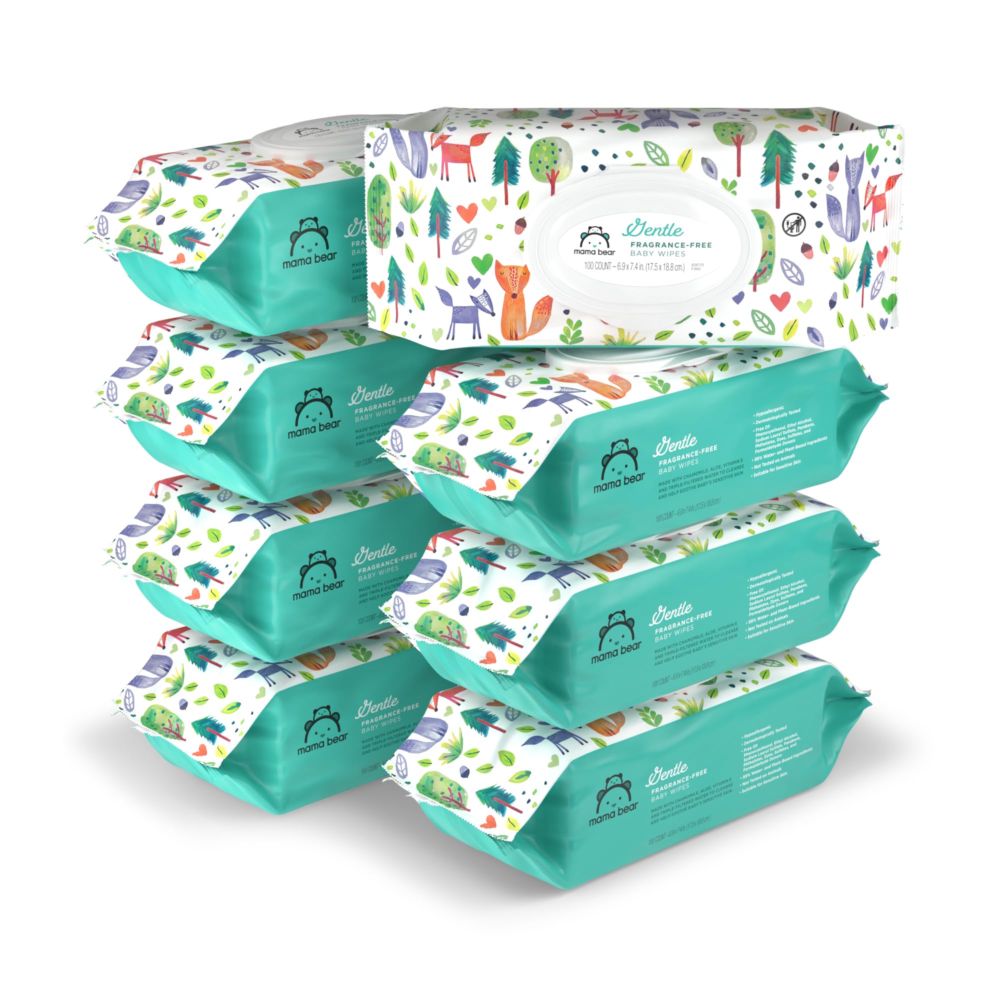 Amazon Brand - Mama Bear Gentle Formulated without Fragrance Baby Wipes, Hypoallergenic, Sensitive Skin, Unscented, 800 Count (8 Packs of 100)